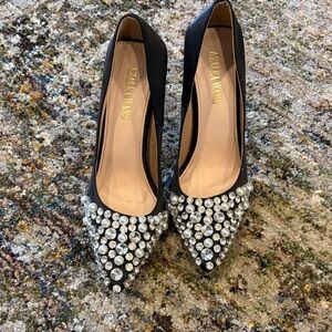 Elegant Black Heels with Crystal and Pearl Accents